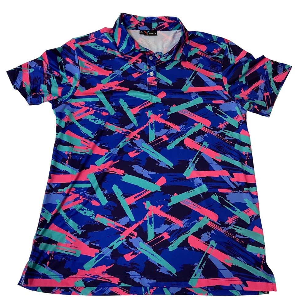 Yatta Golf Polo Mens Medium Abstract Blue Pink Neon Performance Golfing Shirt - Picture 2 of 8